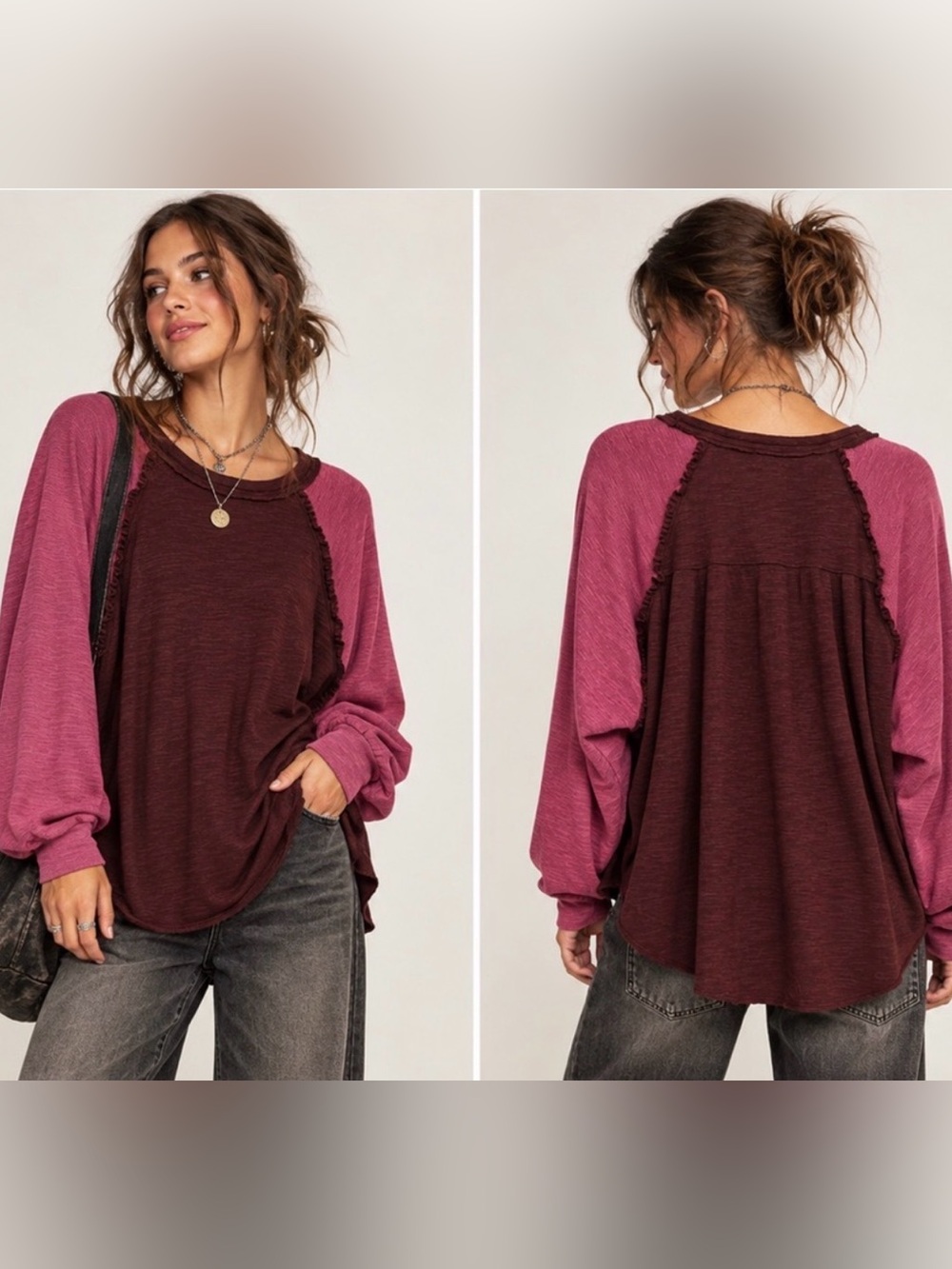 Pilcro Pink Burgundy Raglan Boho Goblincore 90’s Grunge Whimsy Sweatshirt Medium